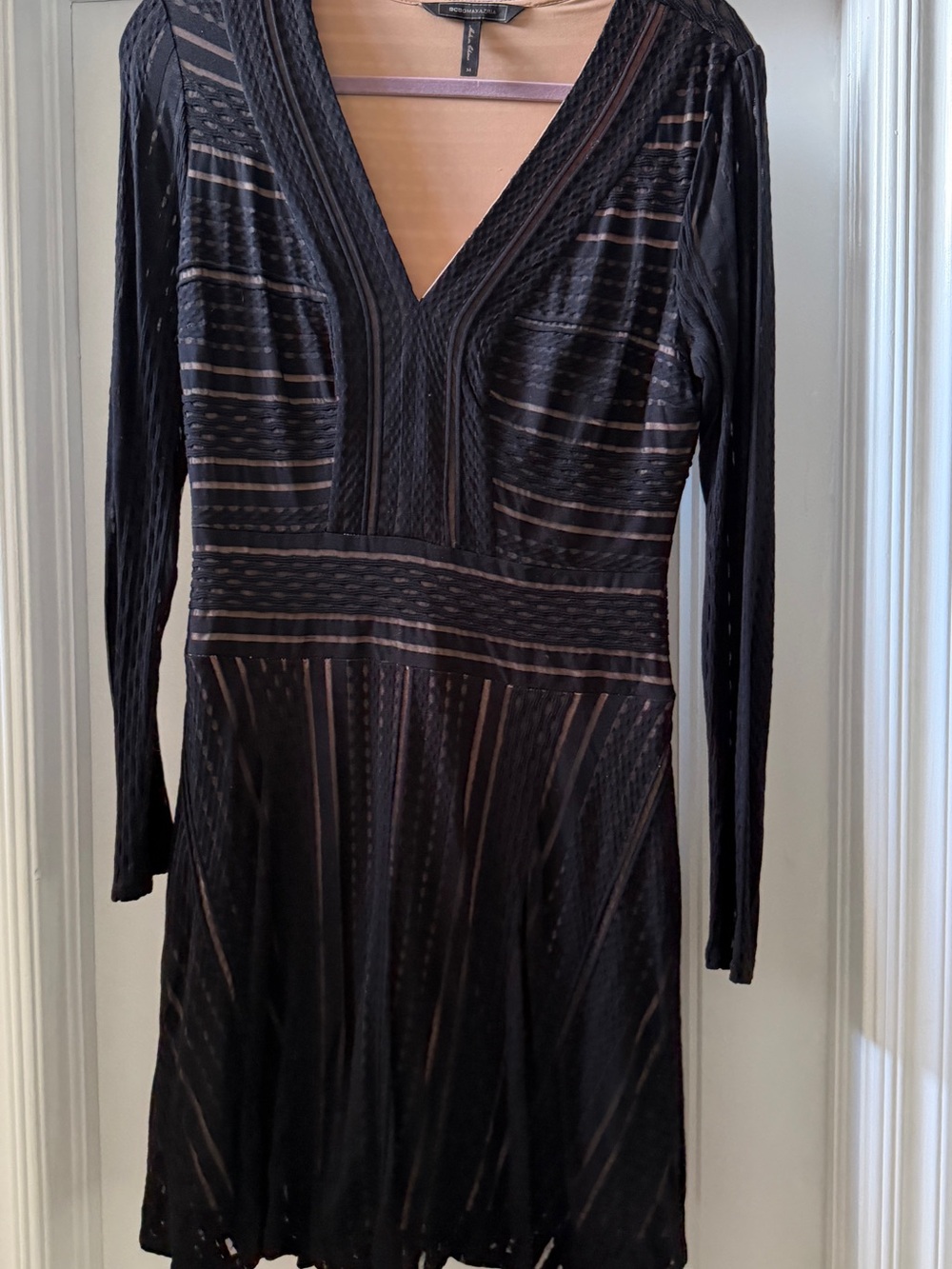 BCBGMaxAzria Black Sheer-Striped V-Neck Mini Dress
